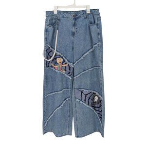 Coraline Wide Jeans Women Size 16 Panel Patchwork Chain Baggy Distress Web Goth